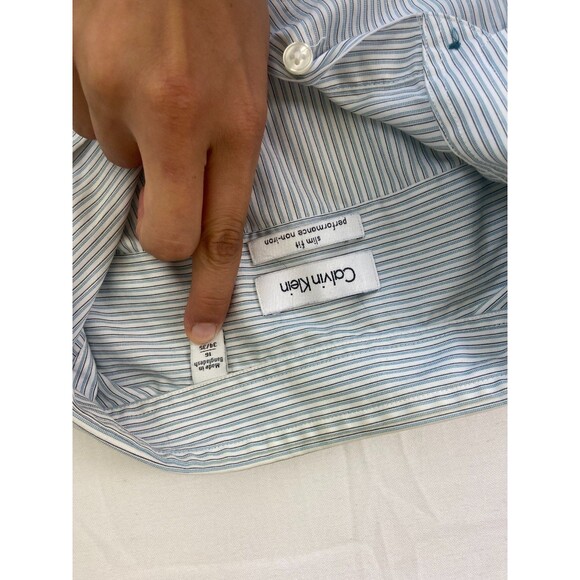 Calvin Klein Mens Button-Down Dress Shirt 16 34/35 Stripe Blue Slim Fit Non-Iron - Picture 4 of 10